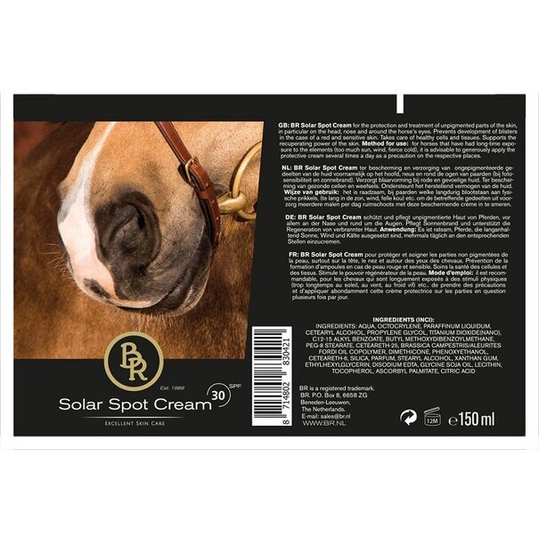 BR BR Solar Spot Cream 150 ml SPF30 for protecting sensitive and unpigmented horse skin