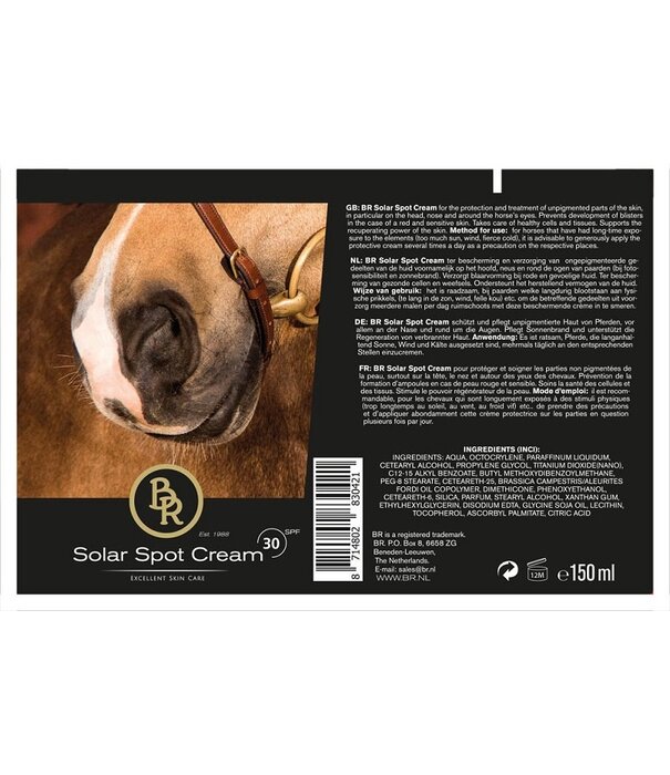 BR BR Solar Spot Cream 150 ml SPF30 pour protéger la peau sensible et non pigmentée du cheval