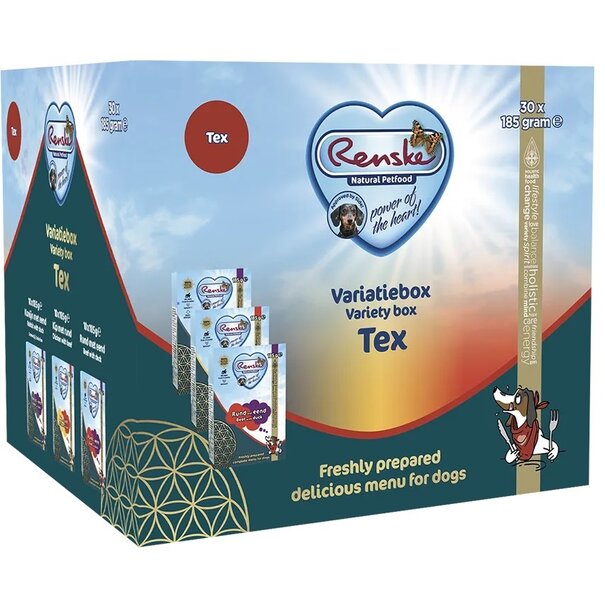RENSKE Renske Caja Variada Tex – 30 comidas completas y frescas para perros, sin cereales, fácil de digerir, enriquecidas con espino amarillo, algas y yucca
