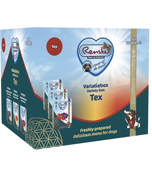 RENSKE Renske Variatiebox Tex – Complete Variatiebox met 30 Vers Bereide Maaltijden voor Honden, Graanvrij en Licht Verteerbaar, Verrijkt met Duindoorn, Algen en Yucca