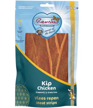 Renske Fleischriegel Huhn 100g sind gesunde, getreidefreie Snacks mit 97% getrocknetem Huhn. Leicht verdaulich, eine Proteinquelle, ohne Salz und Zucker. Ideal als Belohnung für alle Hunderassen.