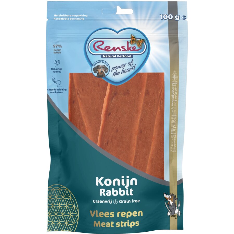 Renske Gezonde Beloning Vlees Repen Konijn 100 g – gezonde, graanvrije hondensnack met één eiwitbron, licht verteerbaar en verrijkt met vitamines en mineralen, geschikt voor honden vanaf 9 weken-1