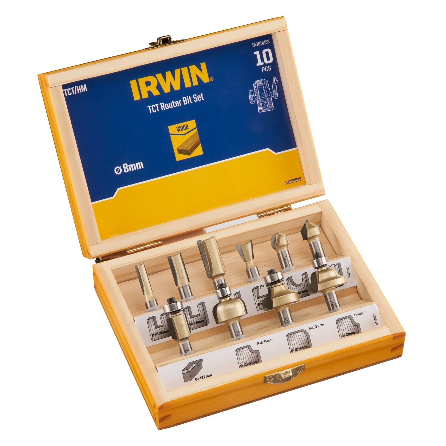 Irwin frezenset 10-delig aansluiting in houten kistje - 8mm stift aansluiting