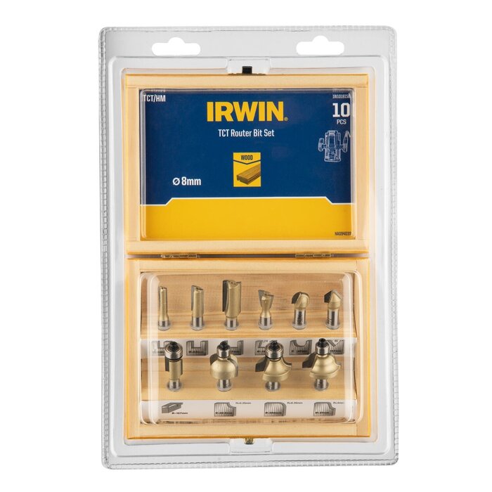 Irwin frezenset 10-delig aansluiting in houten kistje - 8mm stift aansluiting