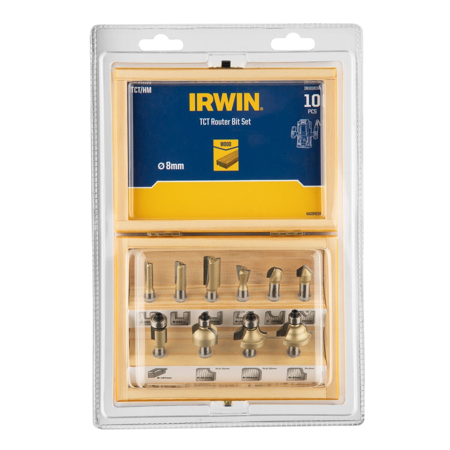 Irwin frezenset 10-delig aansluiting in houten kistje - 8mm stift aansluiting