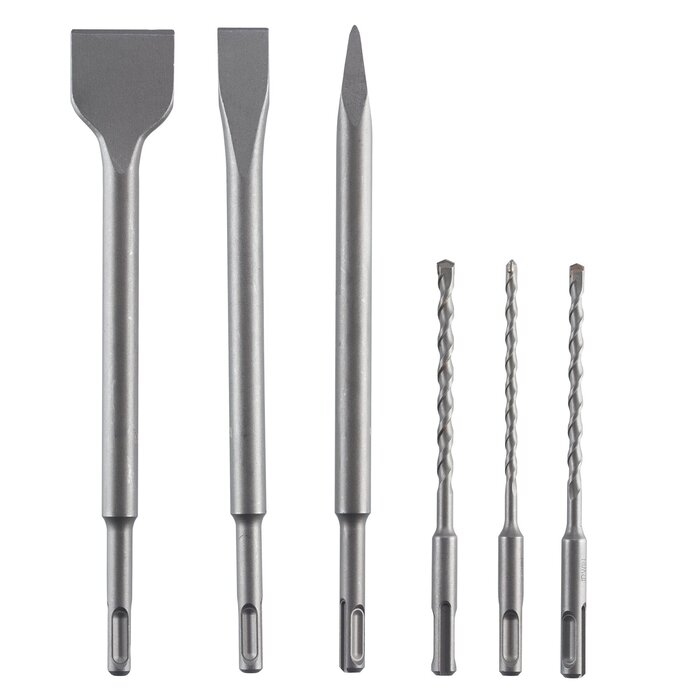 Set SDS+ boren/beitels 6PCS - boren (5.5, 6 en 7mm) en 3 SDS+ beitels (puntbeitel, vlakbeitel, spadebeitel)
