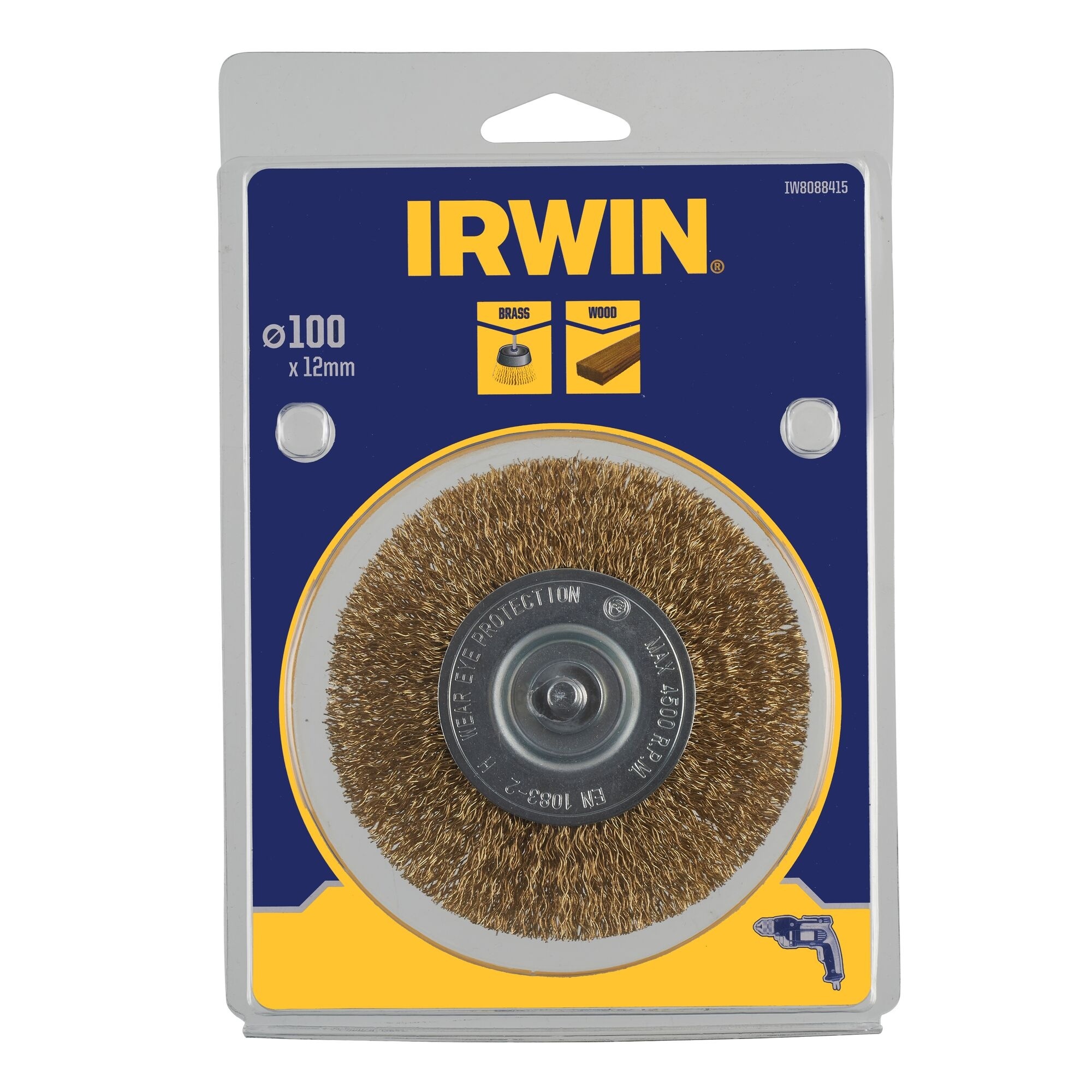 IRWIN Staaldraadborstel messing (boormachine) voor hout, diameter: 100mm. Dikte: 12mm.