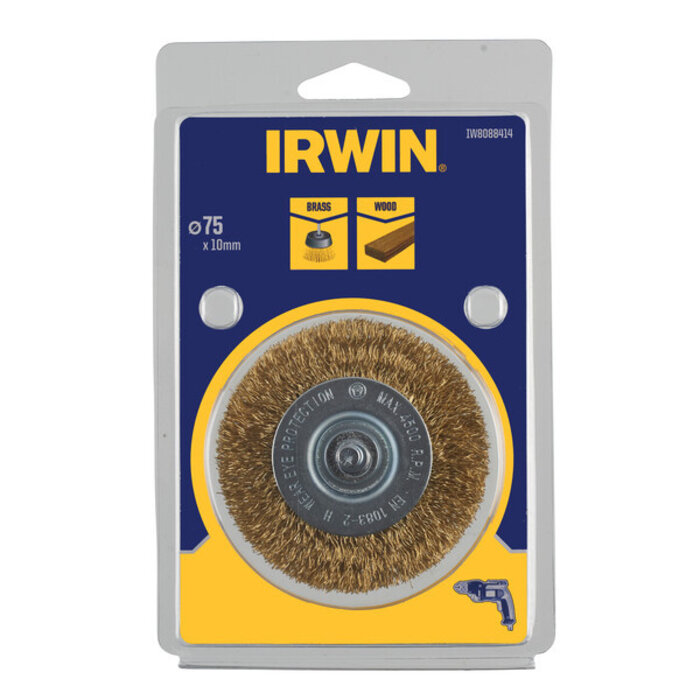 IRWIN Staaldraadborstel messing (boormachine) voor hout, diameter: 75mm. Dikte: 10mm.