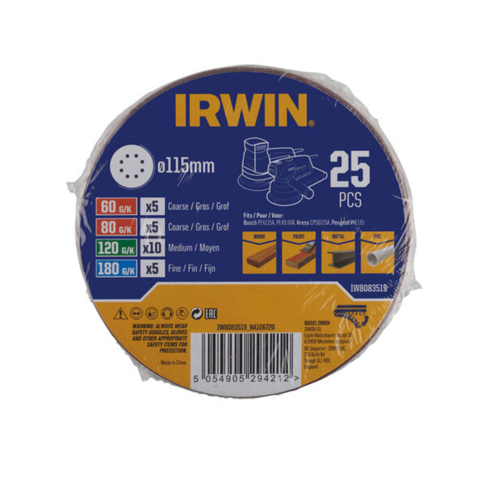 IRWIN Set Schuurschijven 25PCS excentrisch diameter 115mm met klittenband, 5x K60, 5x K80, 10x K120 en 5x K180.