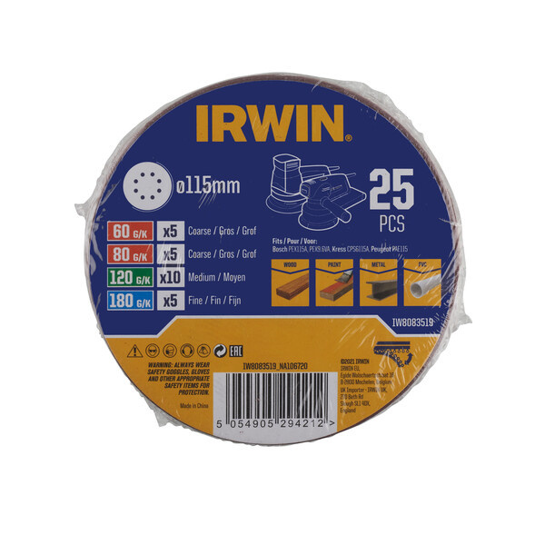 IRWIN Set Schuurschijven 25PCS excentrisch diameter 115mm met klittenband, 5x K60, 5x K80, 10x K120 en 5x K180.