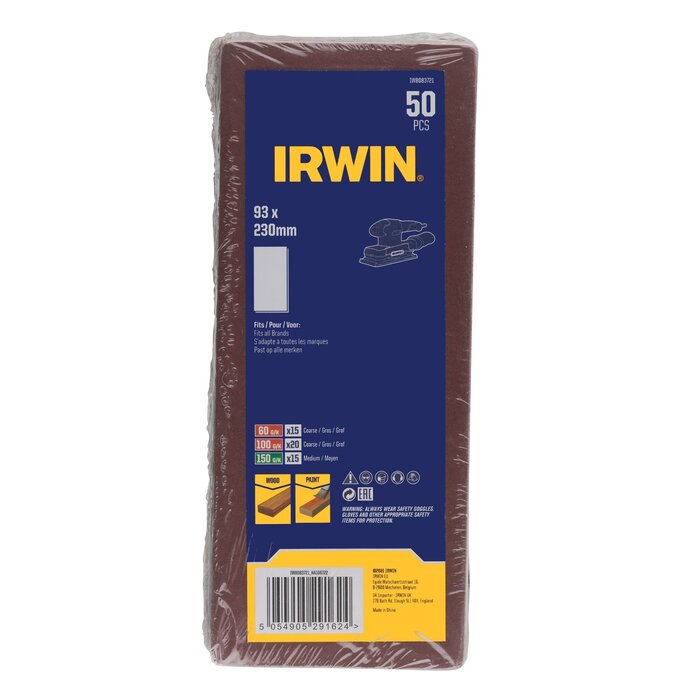 IRWIN Schuurstroken 1/3 vlakschuur 50 STUKS (alle merken) met klem, geen perfo, 230x93mm, 15x K60, 15x K100 en 20x K150.