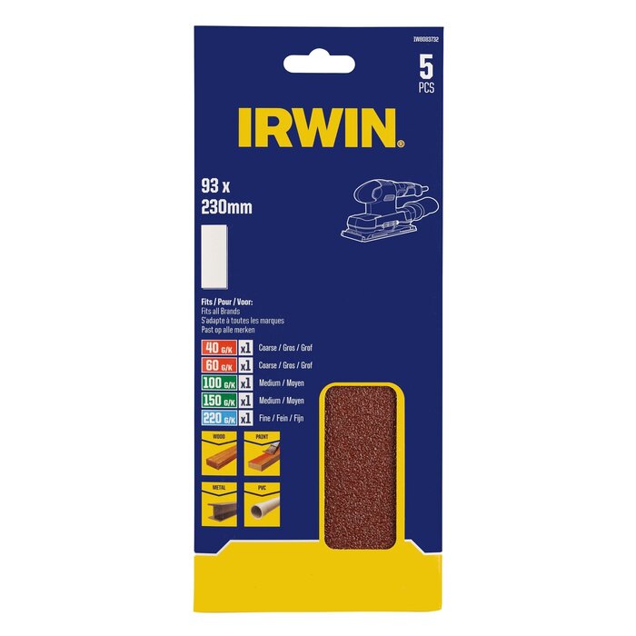 IRWIN Set Schuurstroken 1/3 5PCS (alle merken) met klem, geen perfo, 230x93mm, K40, K60, K100, K150 en K220.