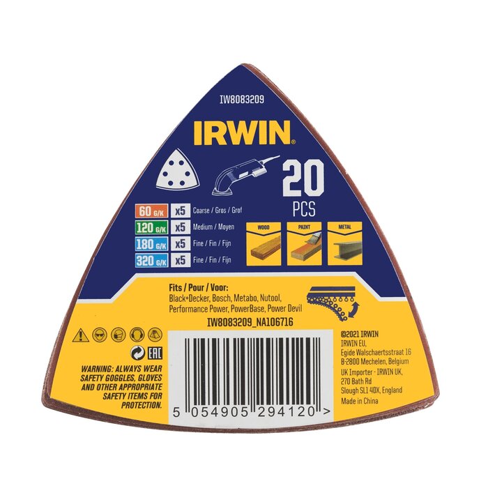 IRWIN Set Schuurstoken Delta 20PCS 93x93mm, met klittenband, Assorti