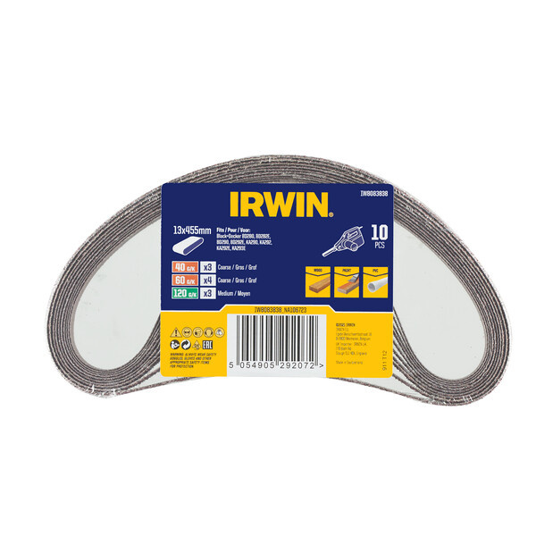 IRWIN Set Schuurbanden 10PCS Powerfile, hout, verf, pvc, 13x455mm, 3x K40, 4x K60 en 3x K120