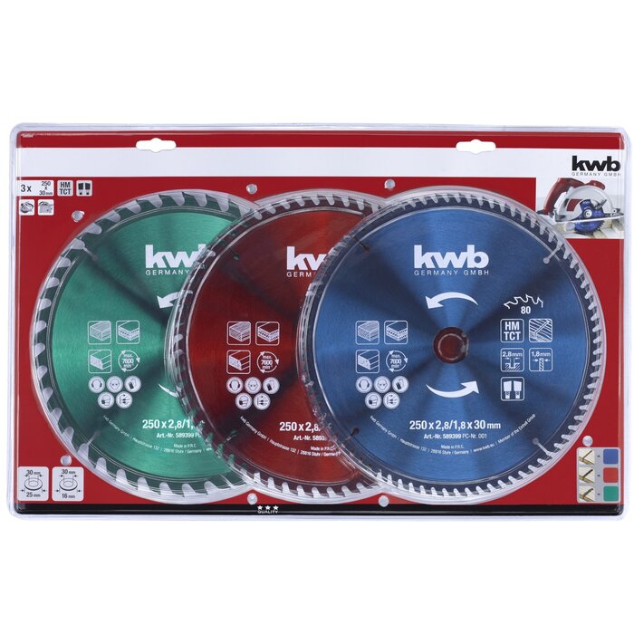 KWB Zaagblad Set 250 x 30 mm 40/60/80Tands