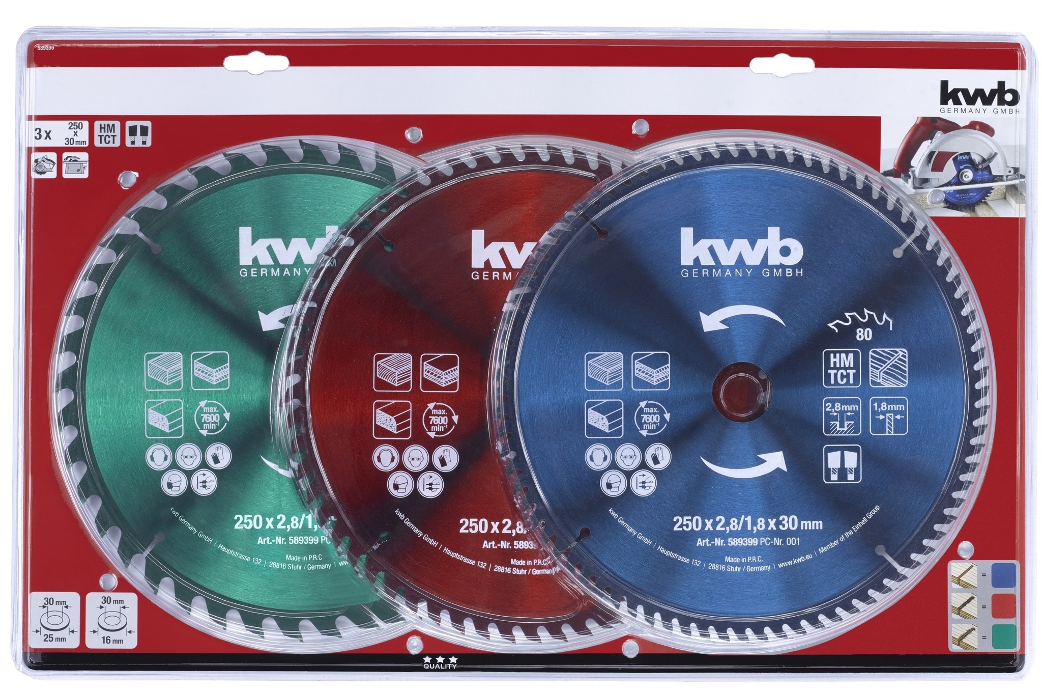 KWB Zaagblad Set 250 x 30 mm 40/60/80Tands