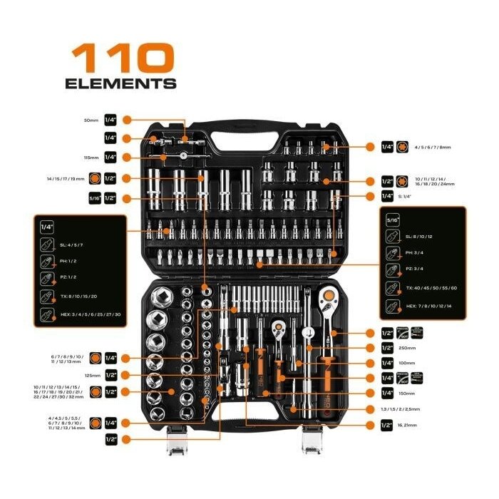 NEO NEO Doppenset 1/4"-1/2" 110 Delig 10-066