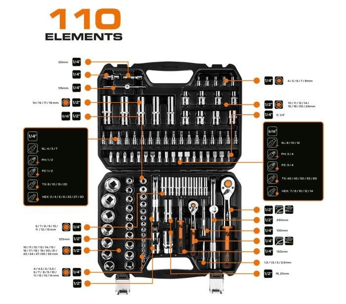 NEO NEO Doppenset 1/4"-1/2" 110 Delig 10-066