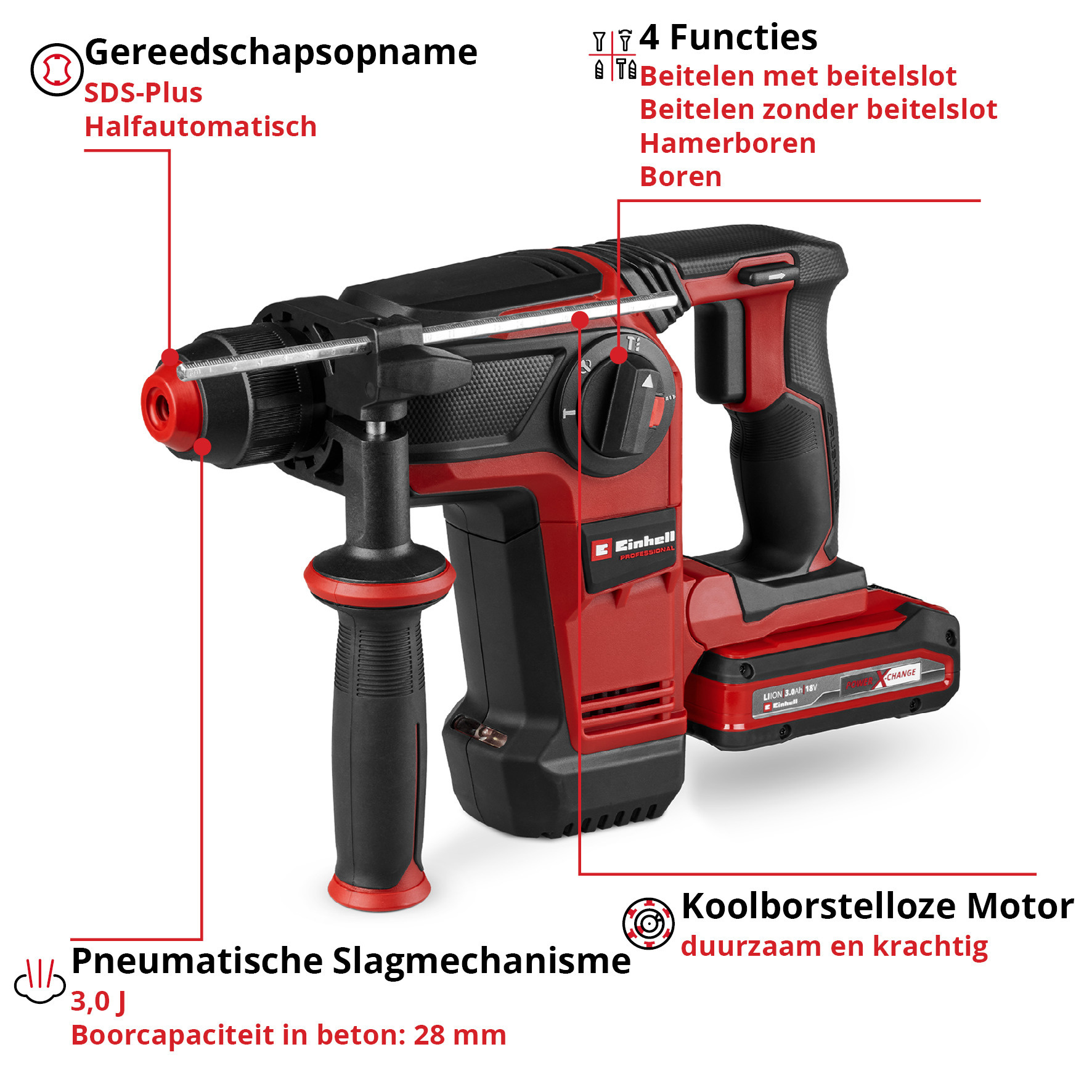 Einhell TP-HD 18/28 Li BL+4 (1x3,0Ah+) - PROFESSIONAL Accu Boorhamer