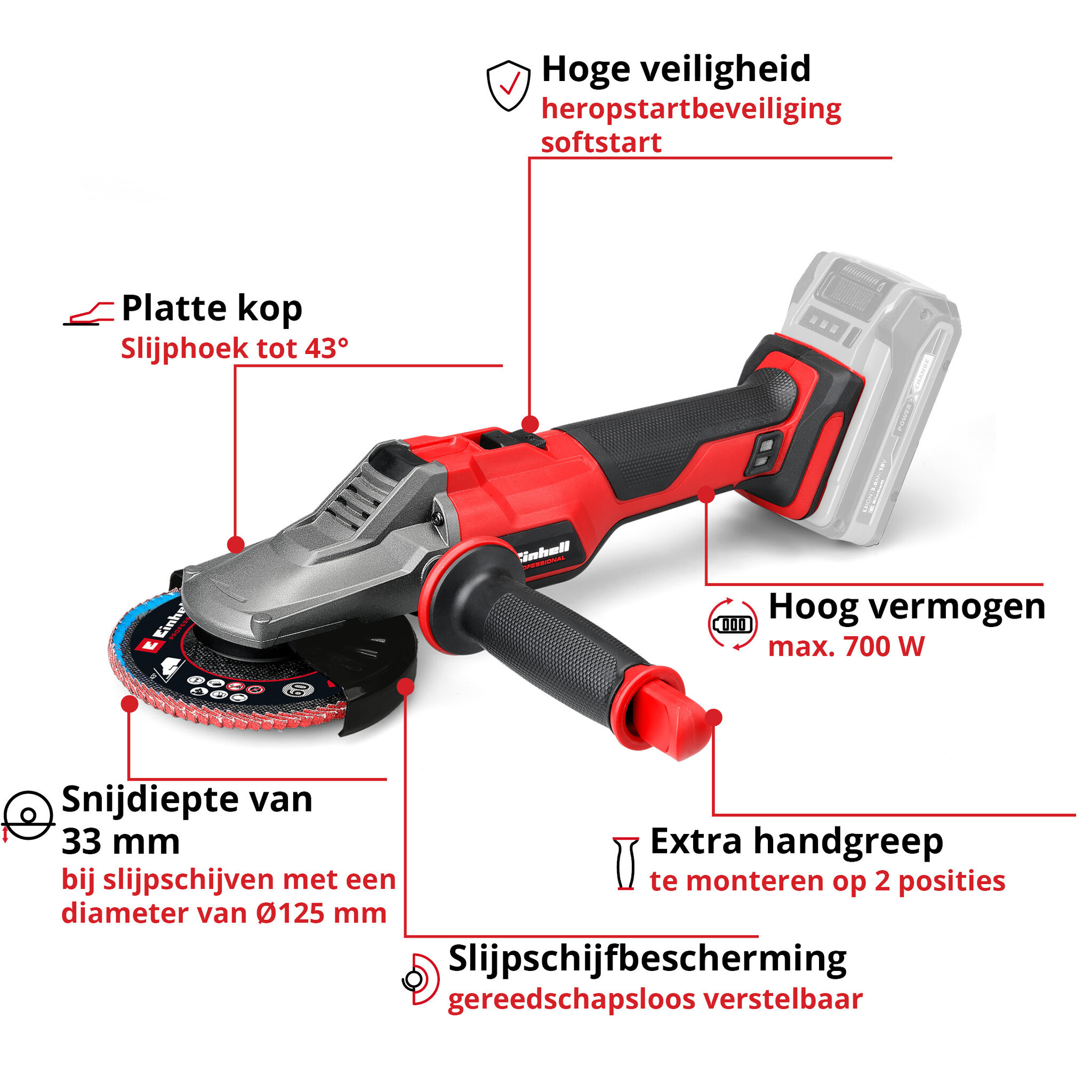 Einhell TP-AG 18/125 F Li BL Solo – Accu Platkop Haakse Slijper Ø125 mm