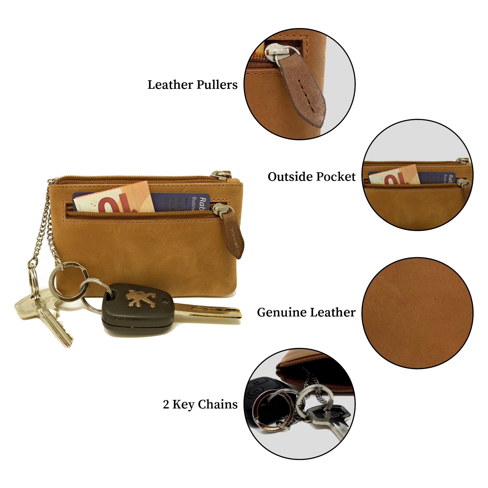 Designer Genuine Leather Coin Wallet Key Case with Dual Rings - Outer Card Pocket with Zipper - Brown-4