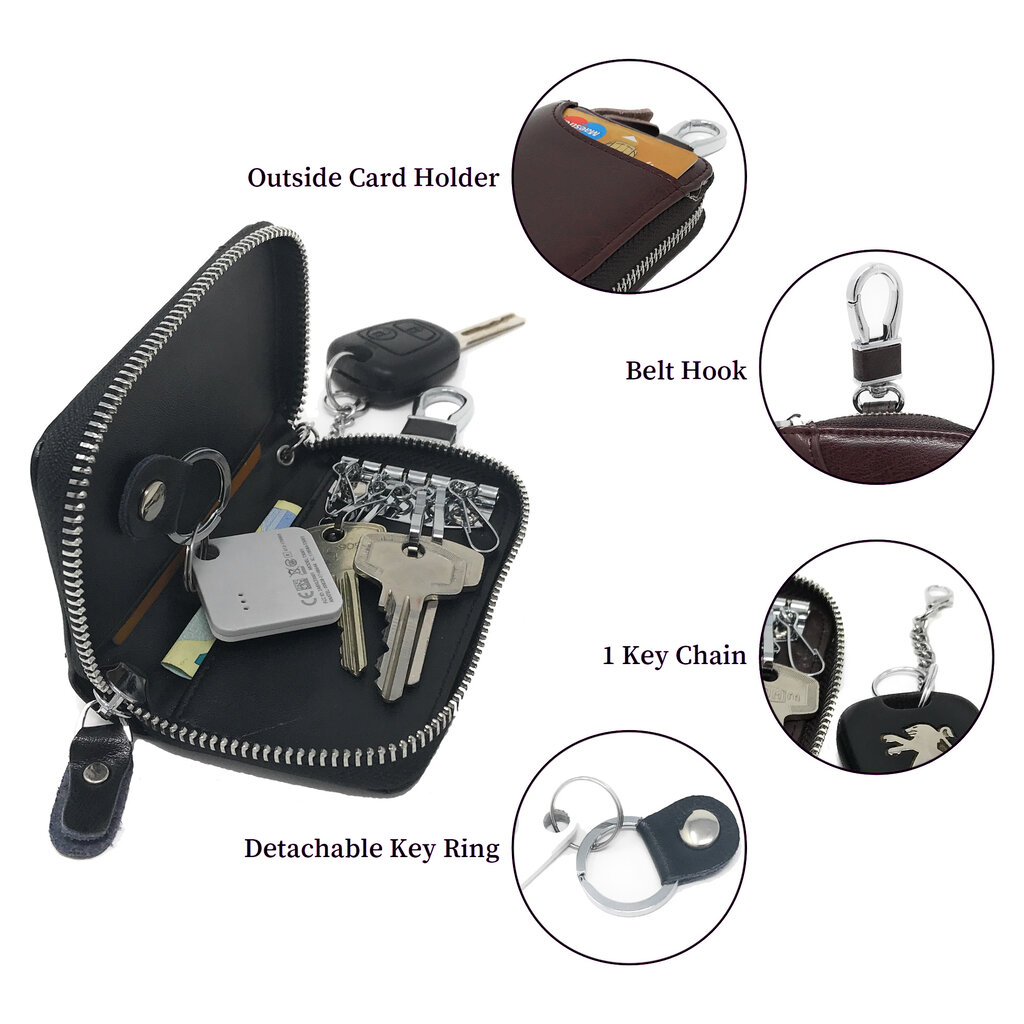 Su.B Genuine Leather Key Case Card Holder - 6 Hooks, 2 Long Car Key Chain - 1 Outer, 2 Inner Card Banknotes Slots - Black