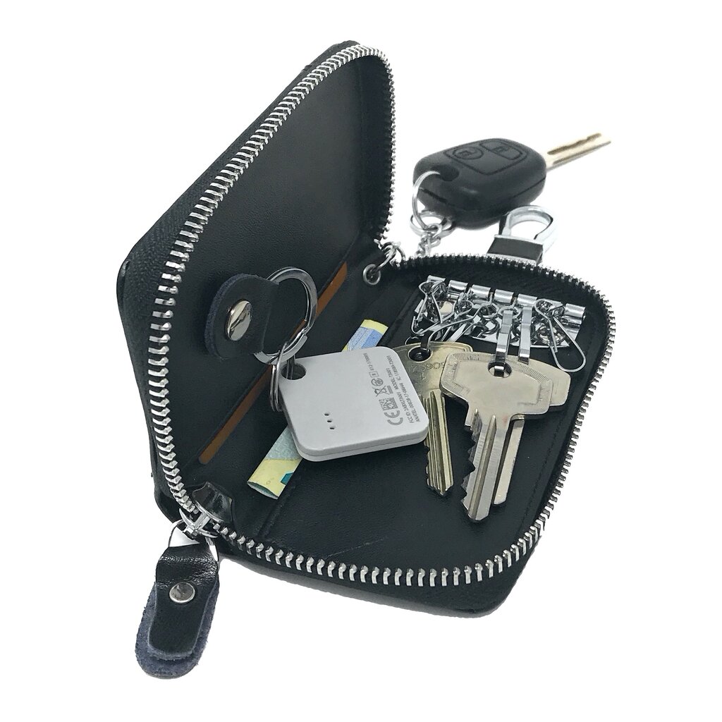 Su.B Genuine Leather Key Case Card Holder - 6 Hooks, 2 Long Car Key Chain - 1 Outer, 2 Inner Card Banknotes Slots - Black
