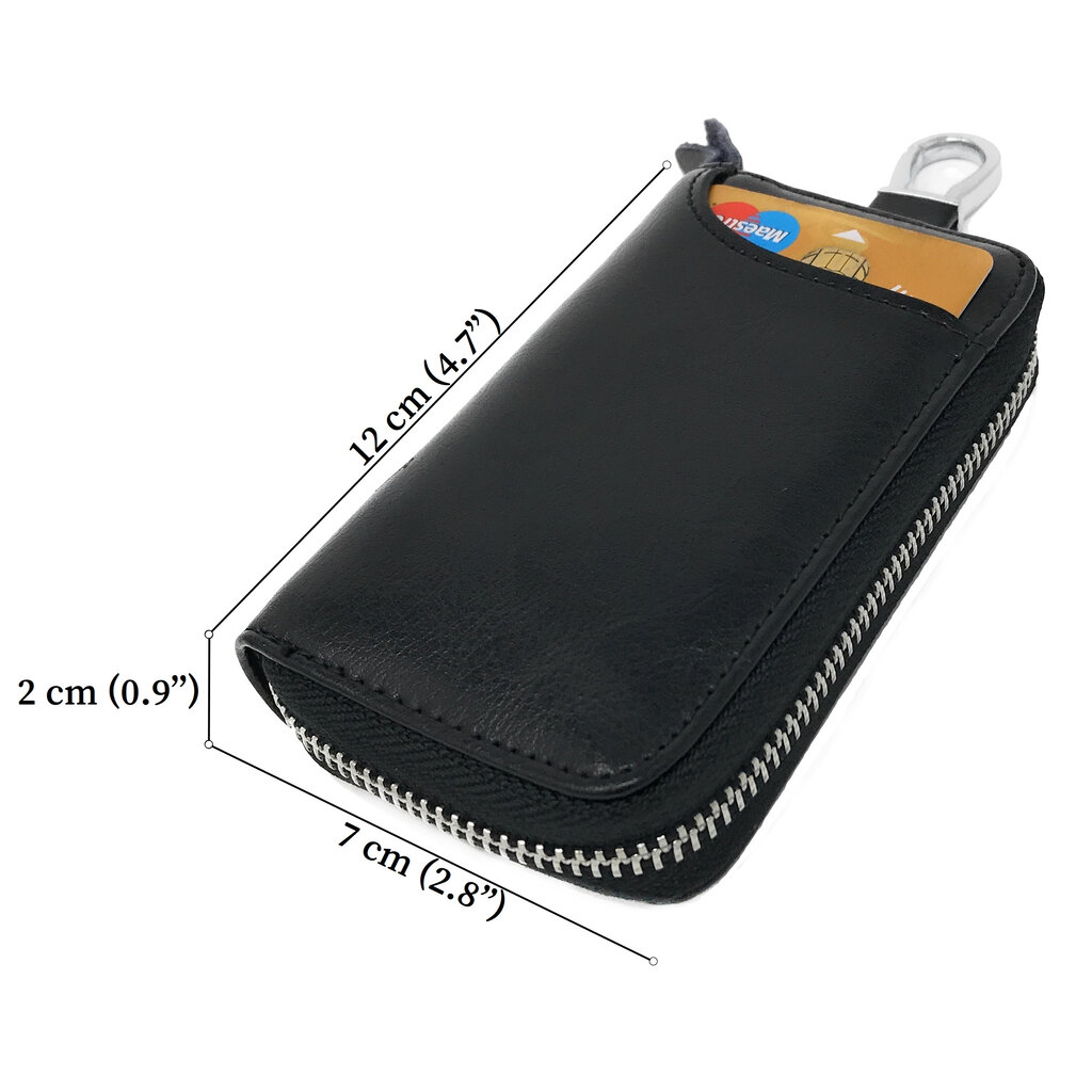 Su.B Genuine Leather Key Case Card Holder - 6 Hooks, 2 Long Car Key Chain - 1 Outer, 2 Inner Card Banknotes Slots - Black