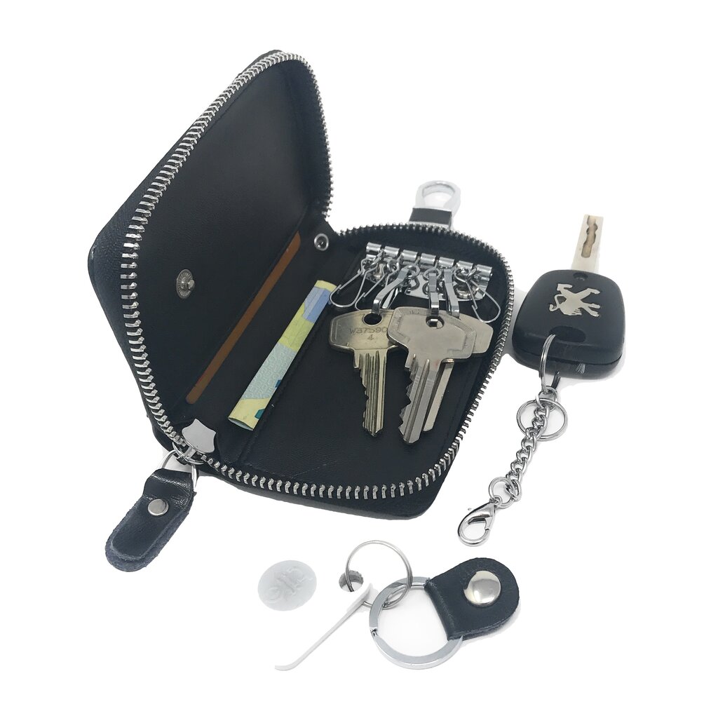 Su.B Genuine Leather Key Case Card Holder - 6 Hooks, 2 Long Car Key Chain - 1 Outer, 2 Inner Card Banknotes Slots - Black