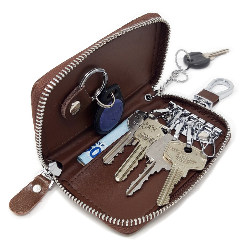 Su.B Genuine Leather Key Case Card Holder - 6 Hooks, 2 Long Car Key Chain - 1 Outer, 2 Inner Card Banknotes Slots - Brown