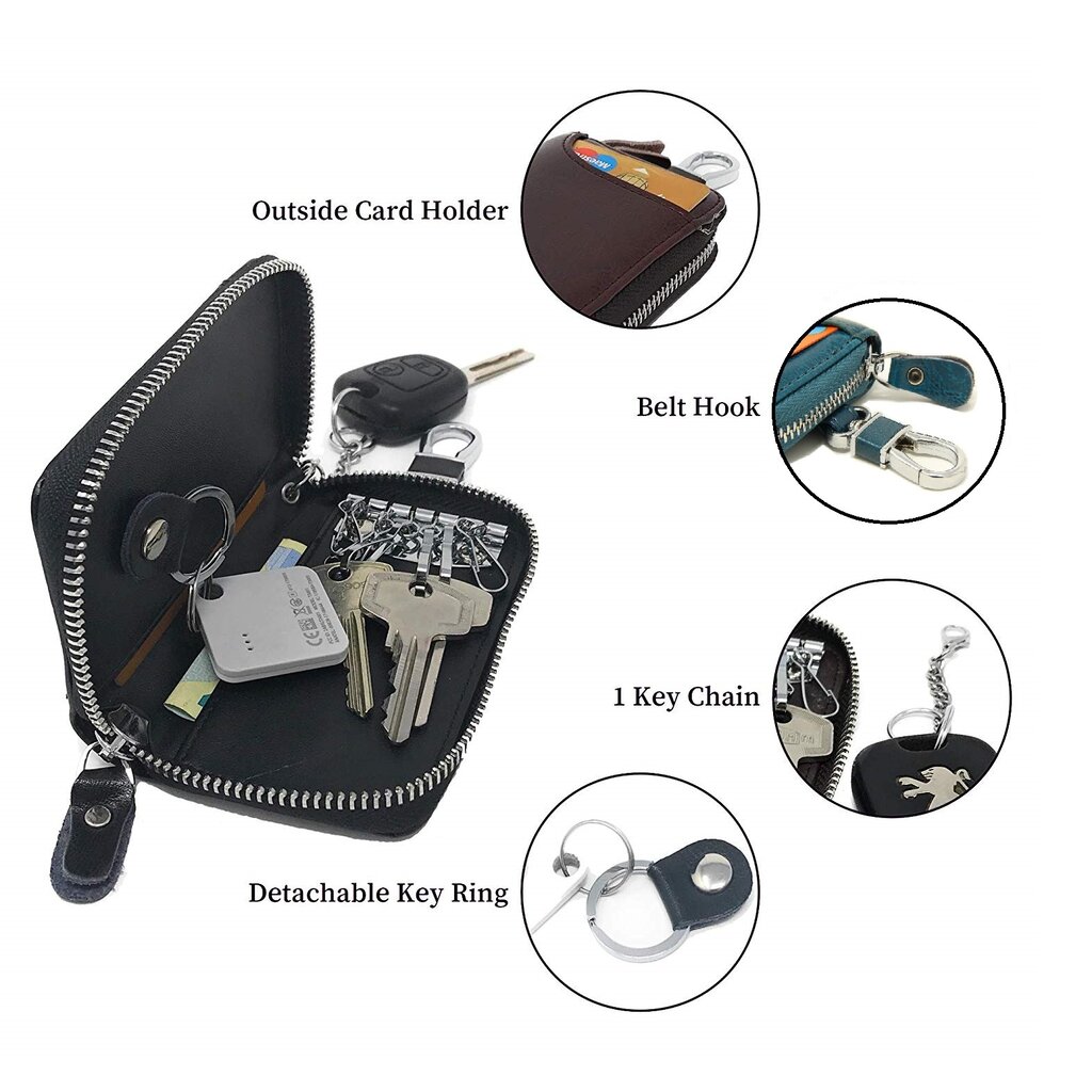 Su.B Genuine Leather Key Case Card Holder - 6 Hooks, 2 Long Car Key Chain - 1 Outer, 2 Inner Card Banknotes Slots - Teal