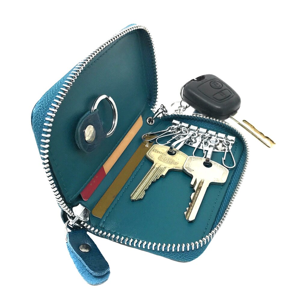 Su.B Genuine Leather Key Case Card Holder - 6 Hooks, 2 Long Car Key Chain - 1 Outer, 2 Inner Card Banknotes Slots - Teal