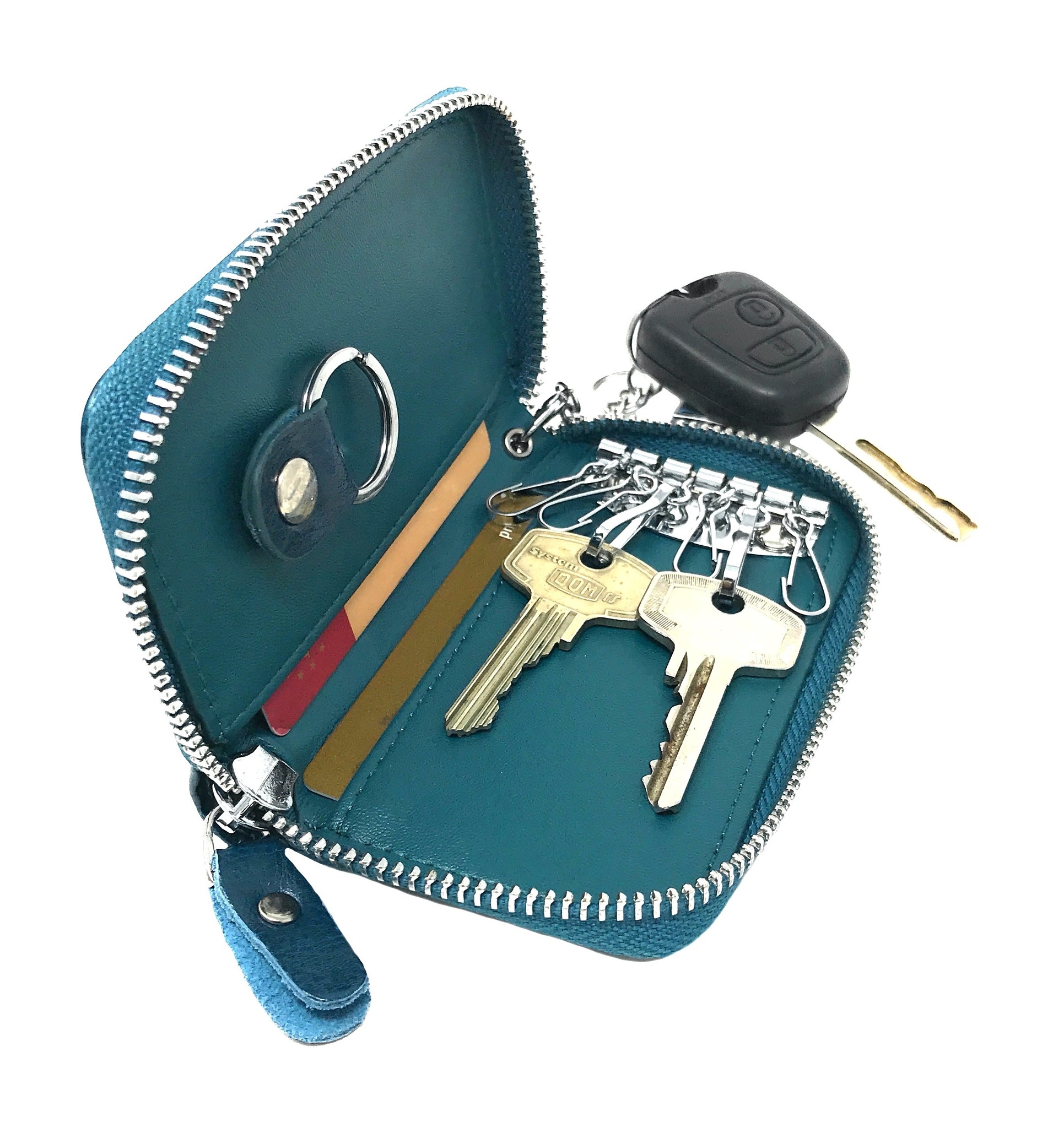 Genuine Leather Key Case Card Holder - 6 Hooks, 2 Long Car Key Chain - 1 Outer, 2 Inner Card Banknotes Slots - Teal-2