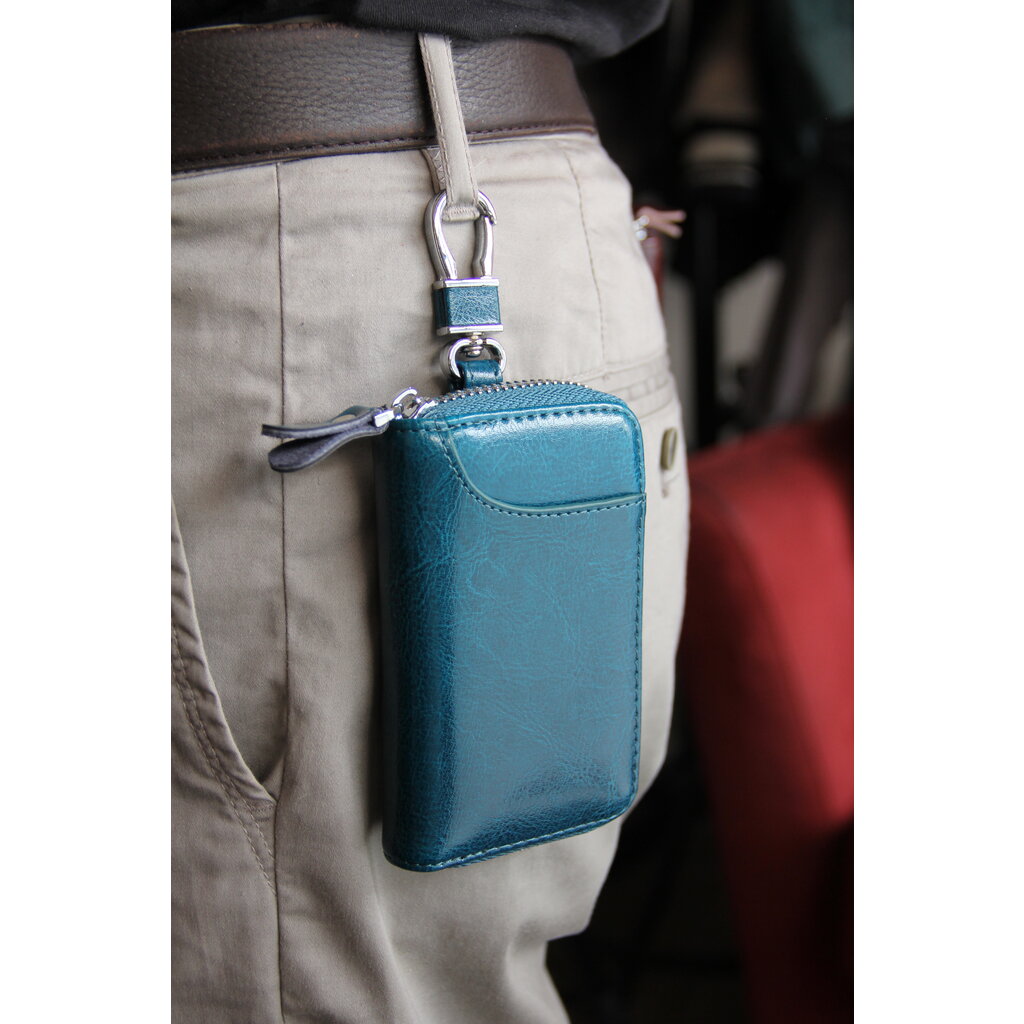 Su.B Genuine Leather Key Case Card Holder - 6 Hooks, 2 Long Car Key Chain - 1 Outer, 2 Inner Card Banknotes Slots - Teal
