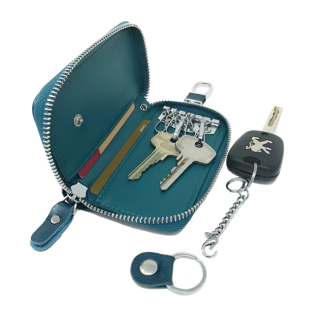 Su.B Genuine Leather Key Case Card Holder - 6 Hooks, 2 Long Car Key Chain - 1 Outer, 2 Inner Card Banknotes Slots - Teal