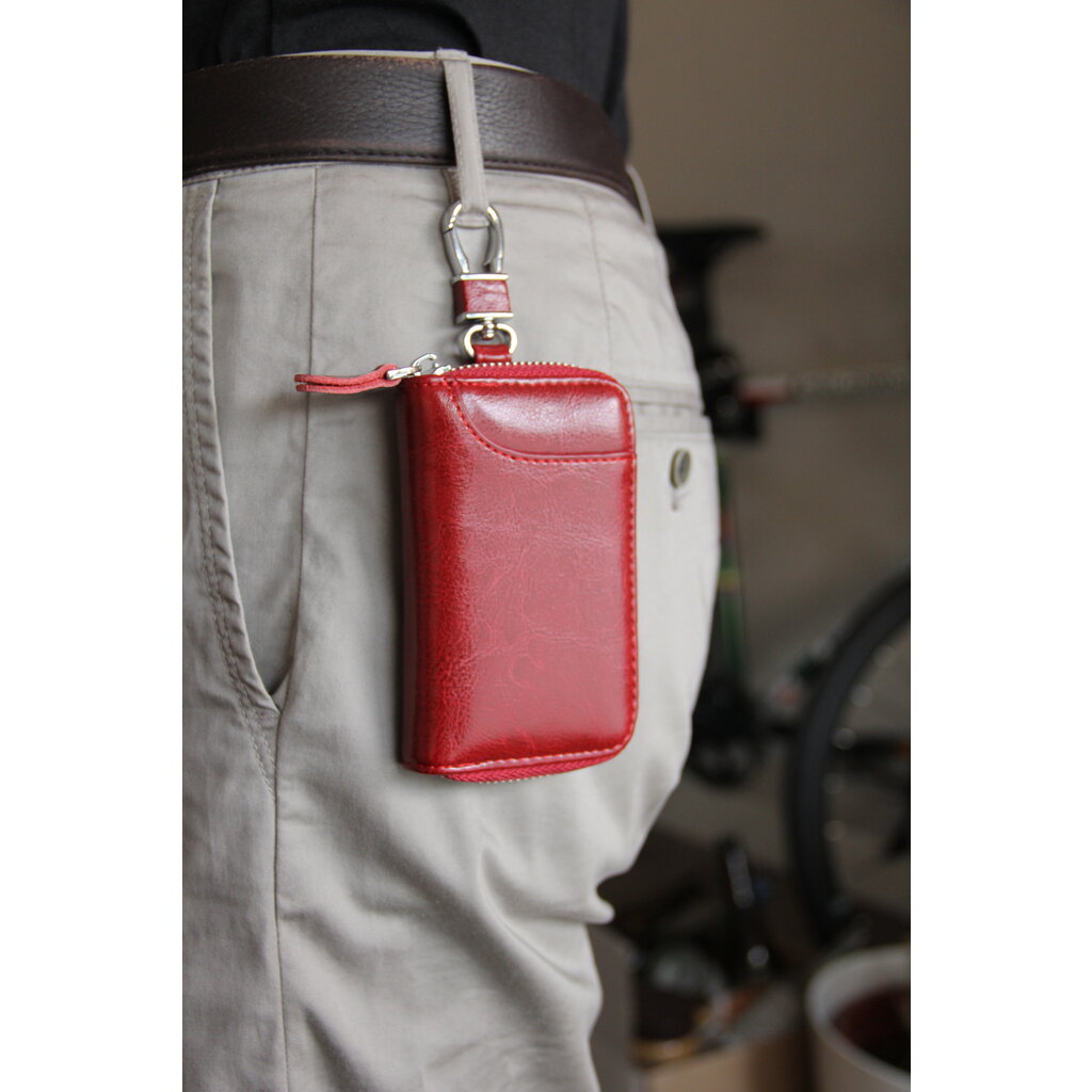 Su.B Genuine Leather Key Case Card Holder - 6 Hooks, 2 Long Car Key Chain - 1 Outer, 2 Inner Card Banknotes Slots - Wine Red