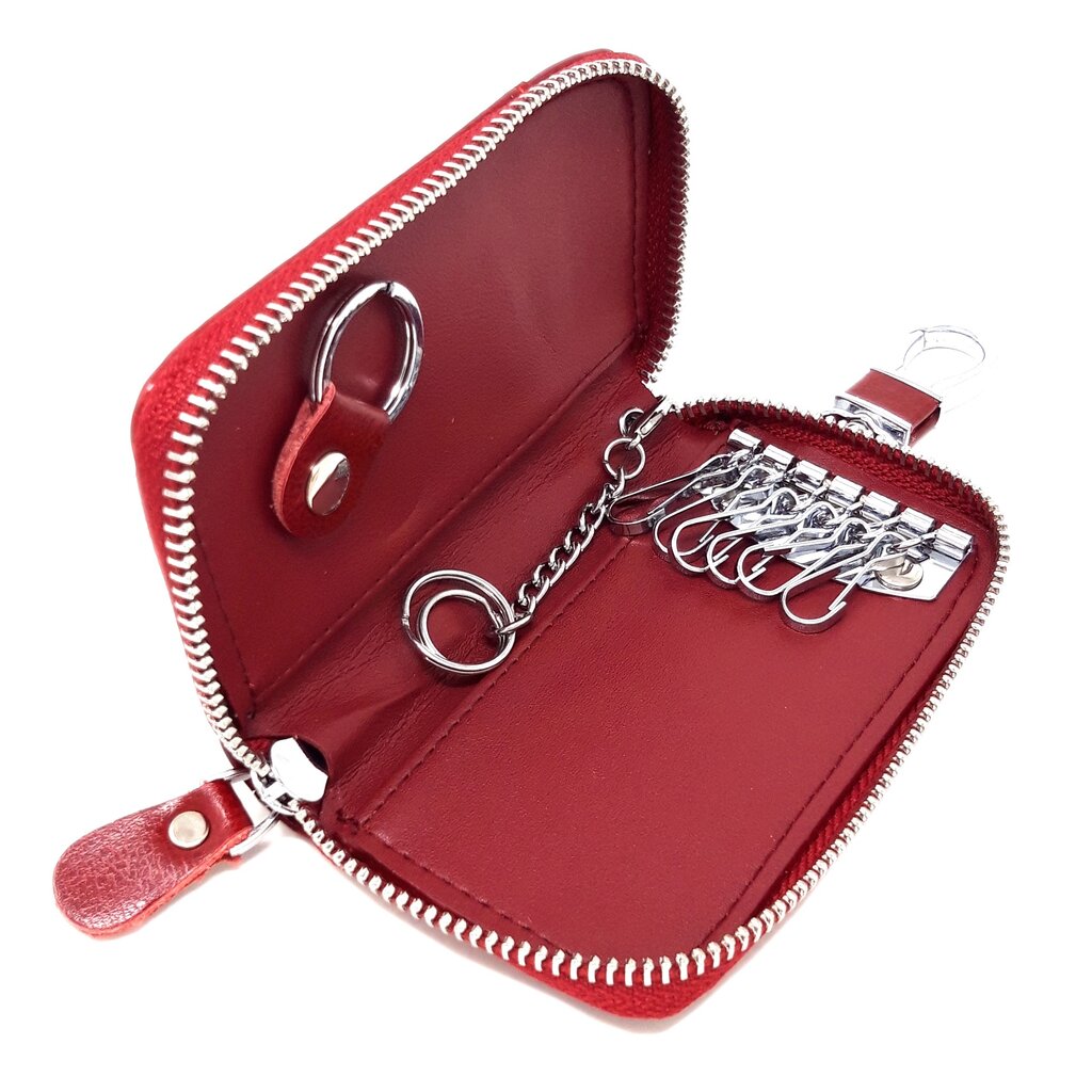 Su.B Genuine Leather Key Case Card Holder - 6 Hooks, 2 Long Car Key Chain - 1 Outer, 2 Inner Card Banknotes Slots - Wine Red
