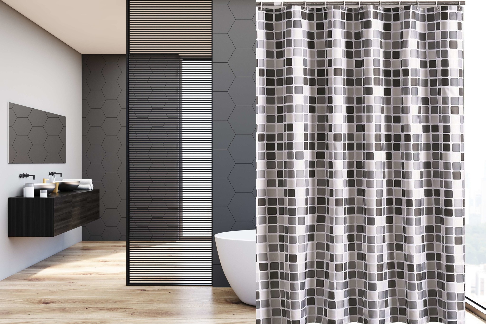 Douchegordijn 120x180 anti schimmel polyester badkamer douchegordijn wasbaar met 12 ringenl | Grijs Vierkant-1