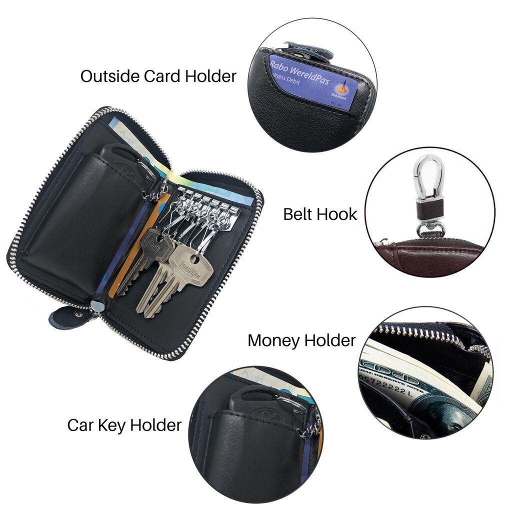 Su.B Leather Key Case, 6 Key Hooks, Card Holder, Bank Notes Wallet, Car Key Pocket, Multifunctional Key Organizer - Black