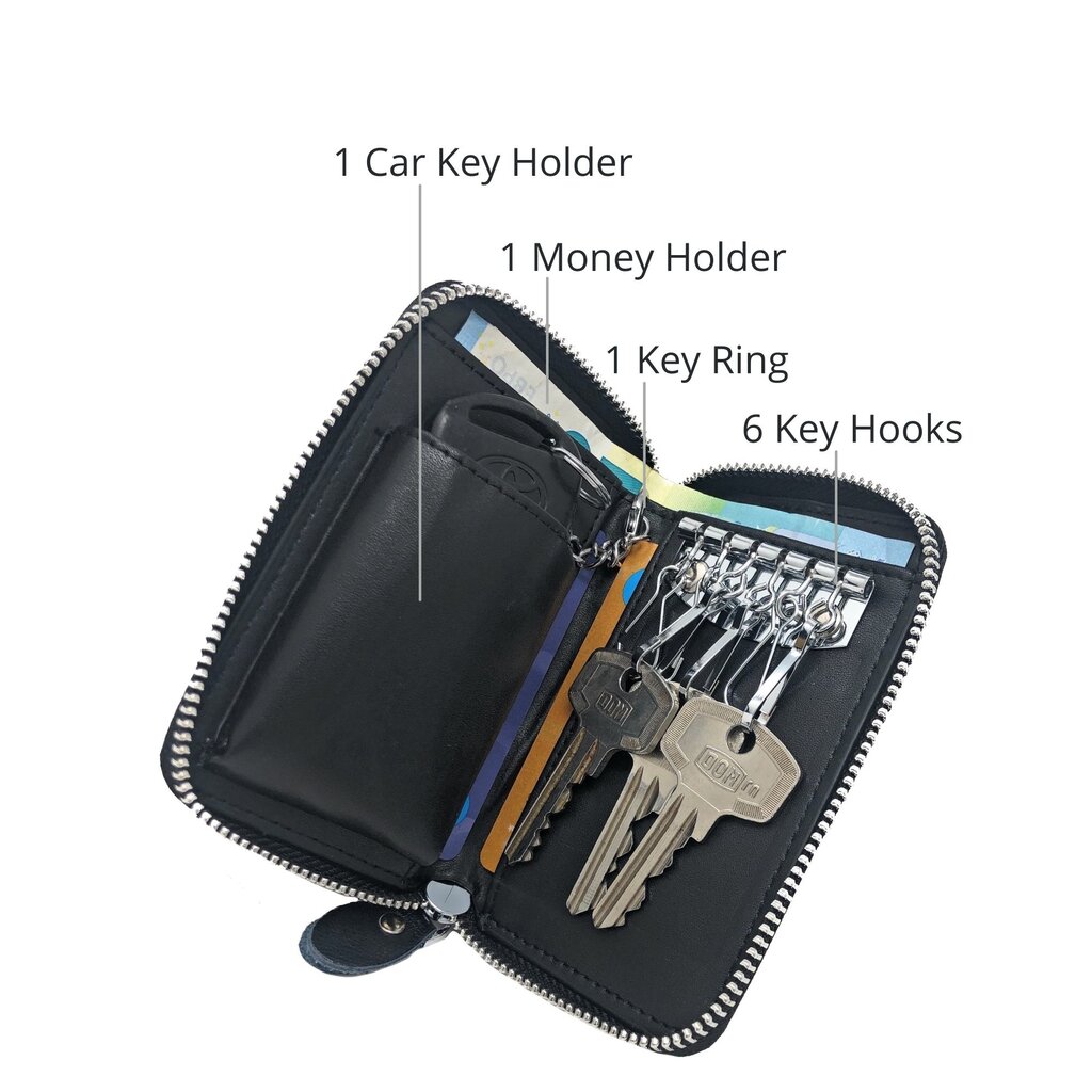 Su.B Leather Key Case, 6 Key Hooks, Card Holder, Bank Notes Wallet, Car Key Pocket, Multifunctional Key Organizer - Black