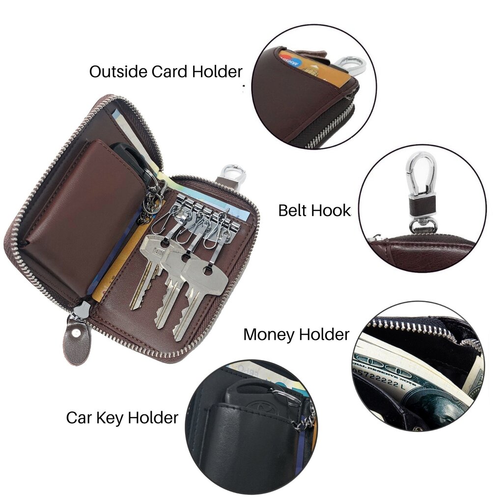 Su.B Leather Key Case – 6 Key Hooks, Card Slot, Wallet for Bank Notes, Car Key Pocket, Multifunctional Organizer - Brown