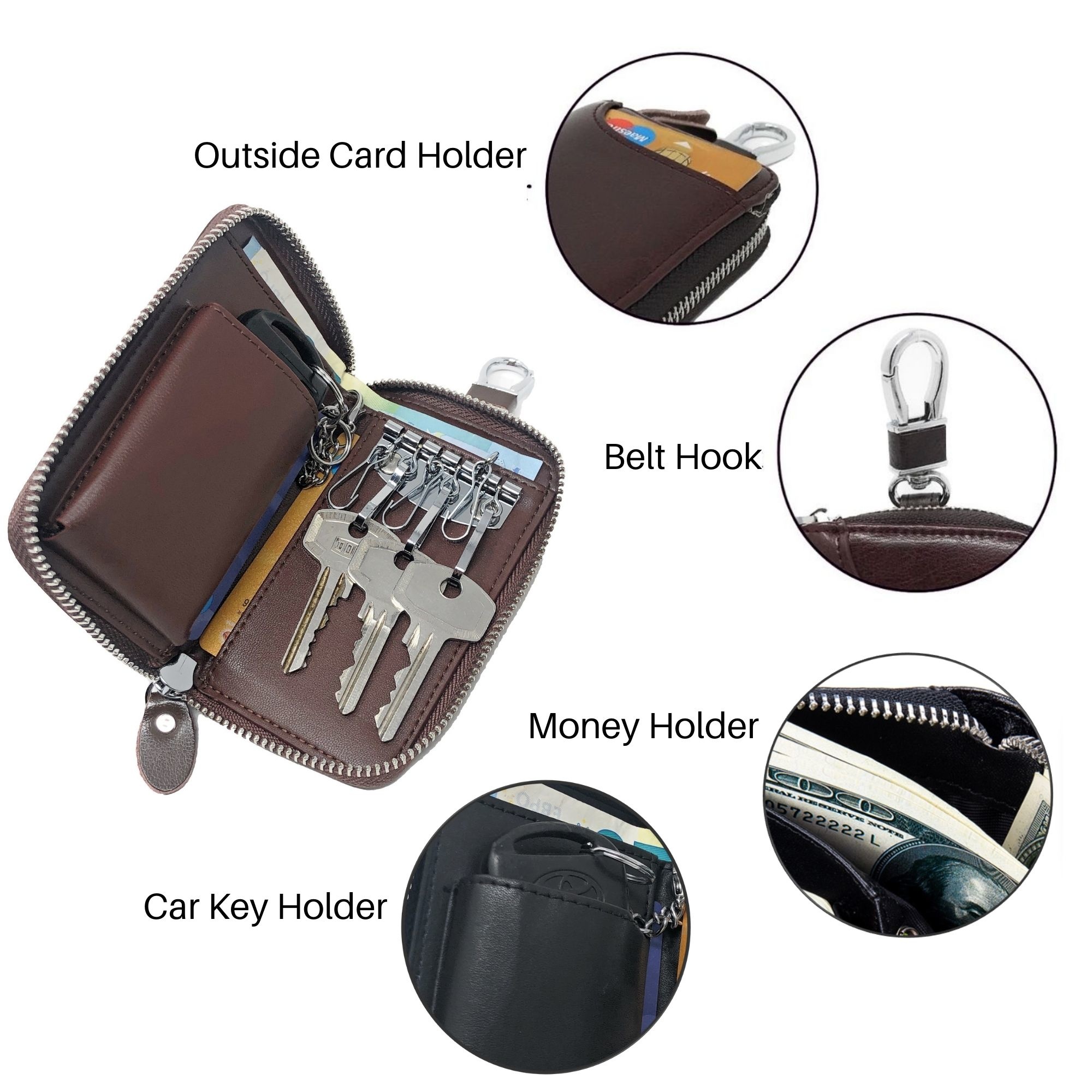 Leder-Schlüsseletui, 6 Schlüsselhaken, Kartenhalter, Geldschein-Brieftasche, Autoschlüsseltasche, Multifunktions-Schlüssel-Organizer - Braun-8