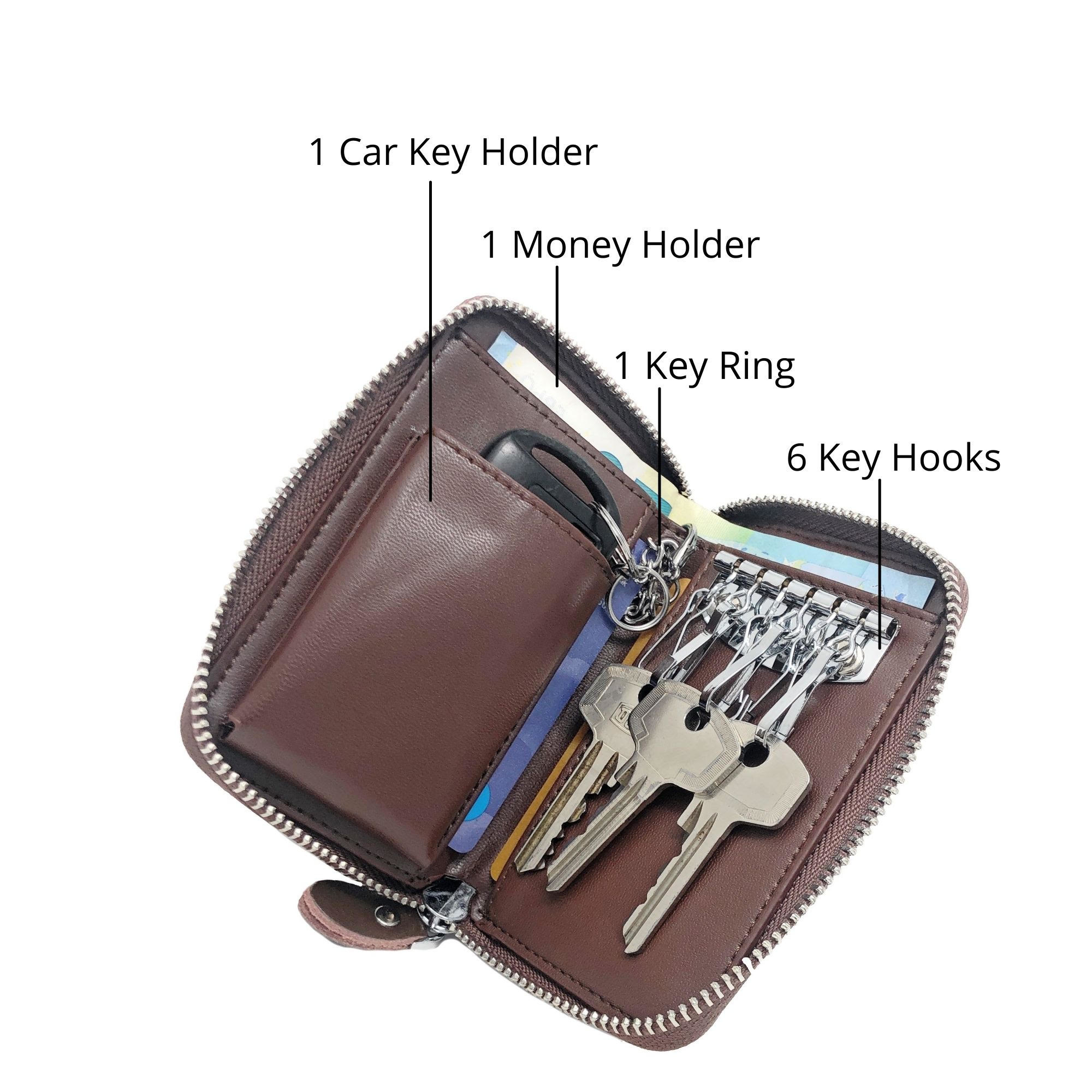Su.B.dgn Key Case with Zip Coin Pocket, Slim Dutch Design, Leather Keyring,  1 Long Keychain, Outer Key Pocket, 6 Hooks, 2 Card Slots | Brown