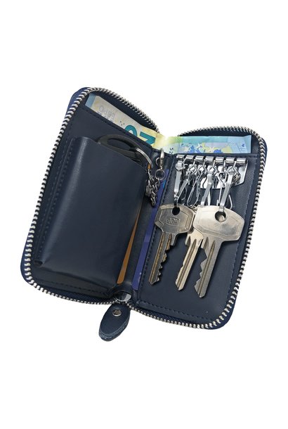 FINELAER Leather Key Chain Holder Wallet Case Organizer 6 Hooks Button Closure Denim Blue