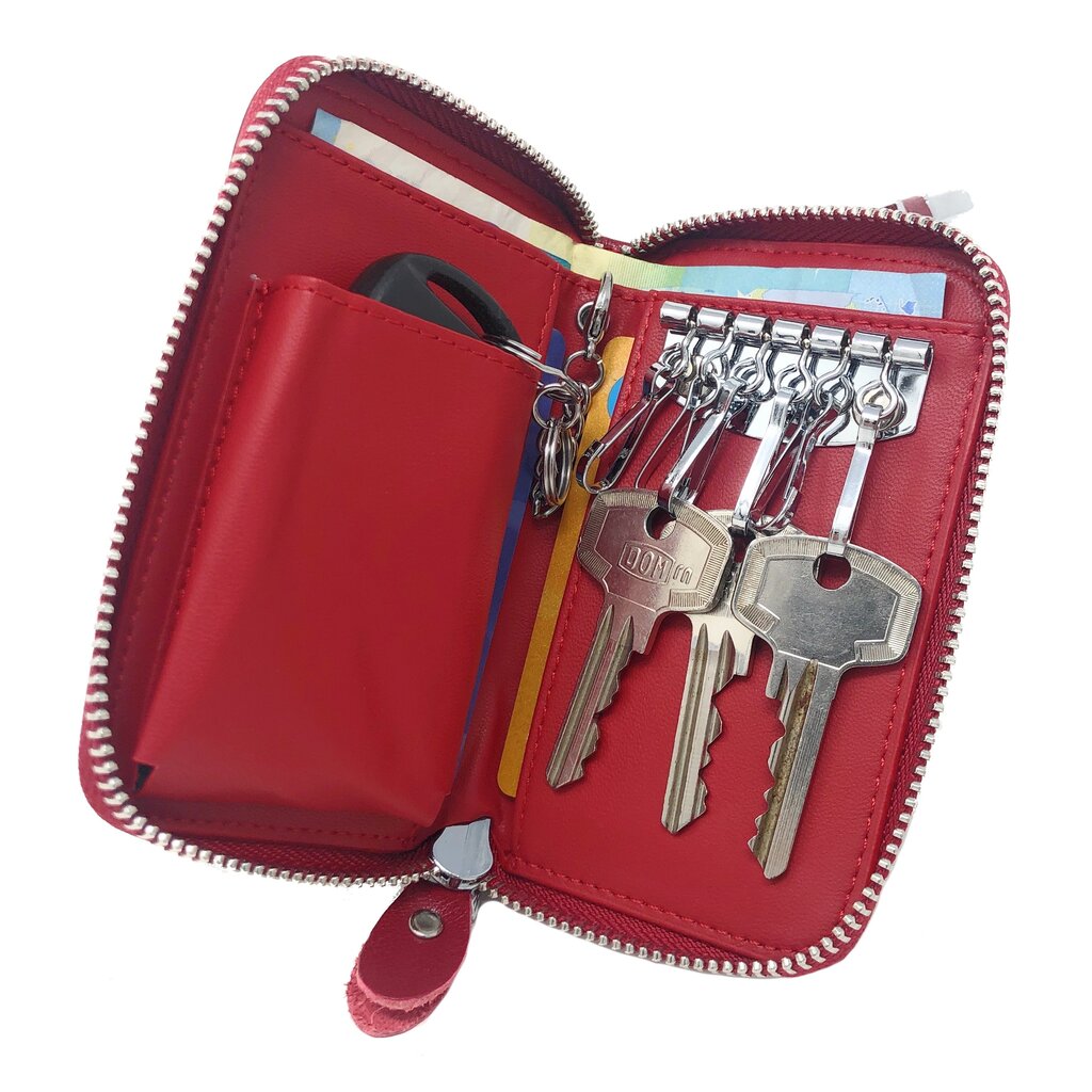 Su.B Leder-Schlüsseletui, 6 Schlüsselhaken, Kartenhalter, Geldschein-Brieftasche, Autoschlüsseltasche, Multifunktions-Schlüssel-Organizer - Rot