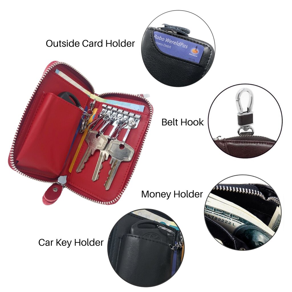 Su.B Leather Key Case, 6 Key Hooks, Card Holder, Bank Notes Wallet, Car Key Pocket, Multifunctional Key Organizer - Red