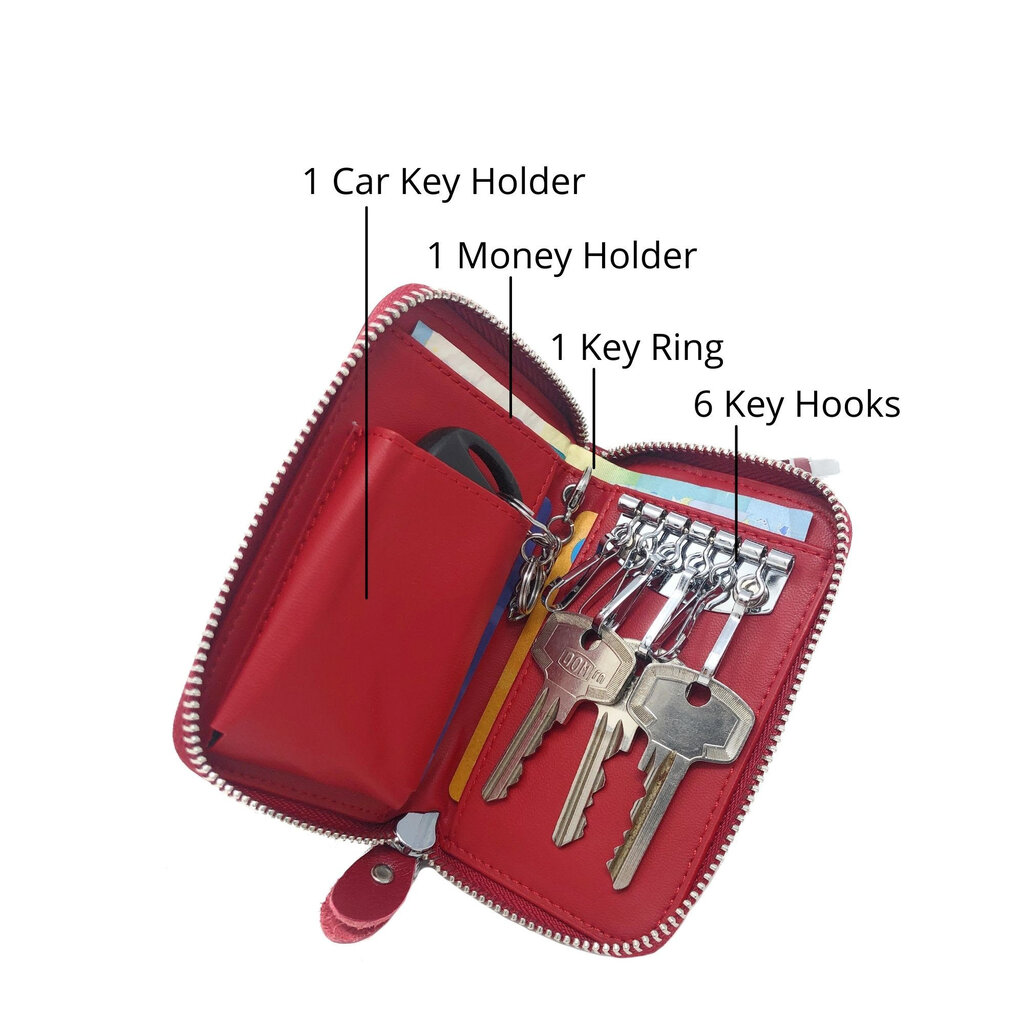 Su.B Leather Key Case, 6 Key Hooks, Card Holder, Bank Notes Wallet, Car Key Pocket, Multifunctional Key Organizer - Red