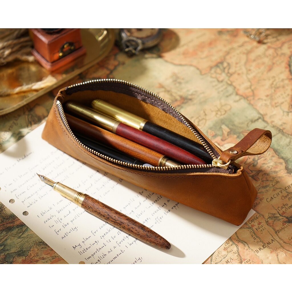 Su.B Federmäppchen - Federtasche - Etui aus Leder - Passend für Mehr als 15 Stifte -  für Männer und Frauen - Braun