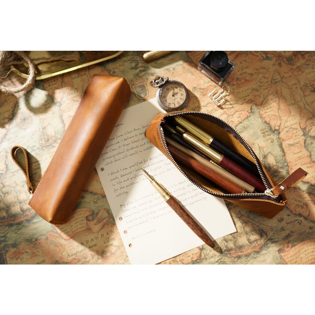 Su.B Federmäppchen - Federtasche - Etui aus Leder - Passend für Mehr als 15 Stifte -  für Männer und Frauen - Braun