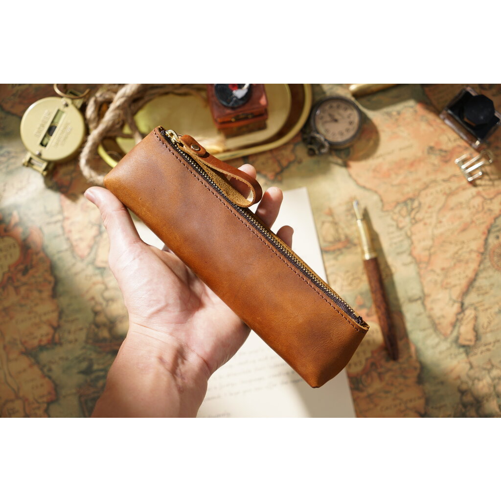 Su.B Federmäppchen - Federtasche - Etui aus Leder - Passend für Mehr als 15 Stifte -  für Männer und Frauen - Braun